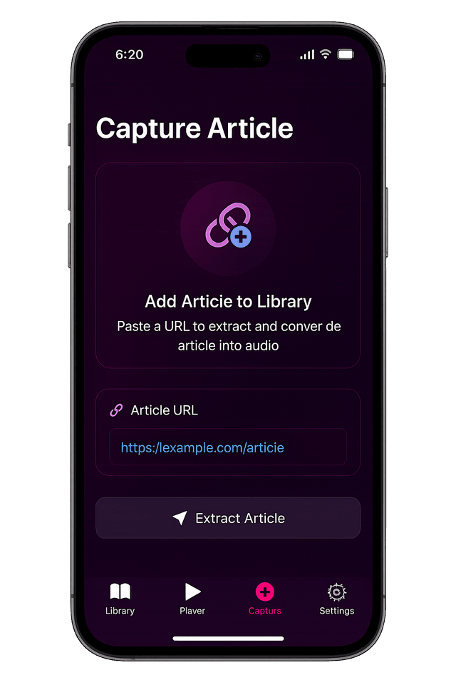 ArticleCast mobile app article capture page for adding new content