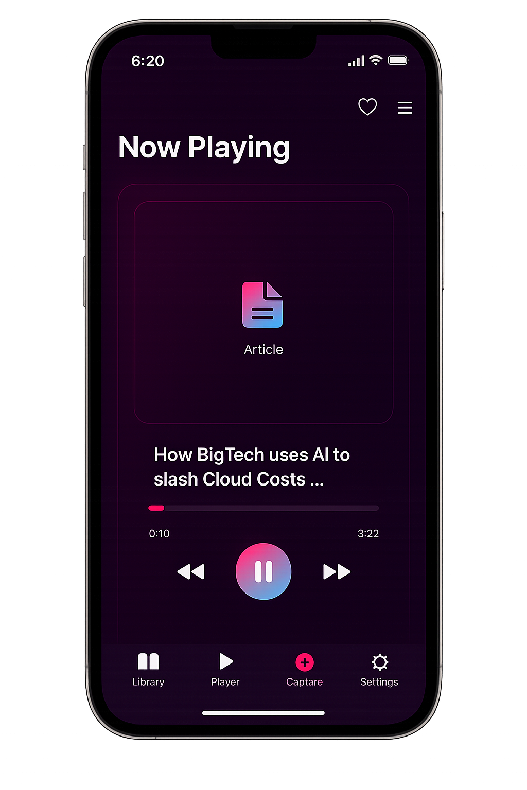 ArticleCast mobile app player page with audio controls
